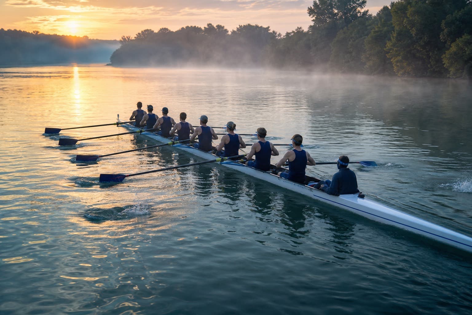 Racing eight on the water at dawn
